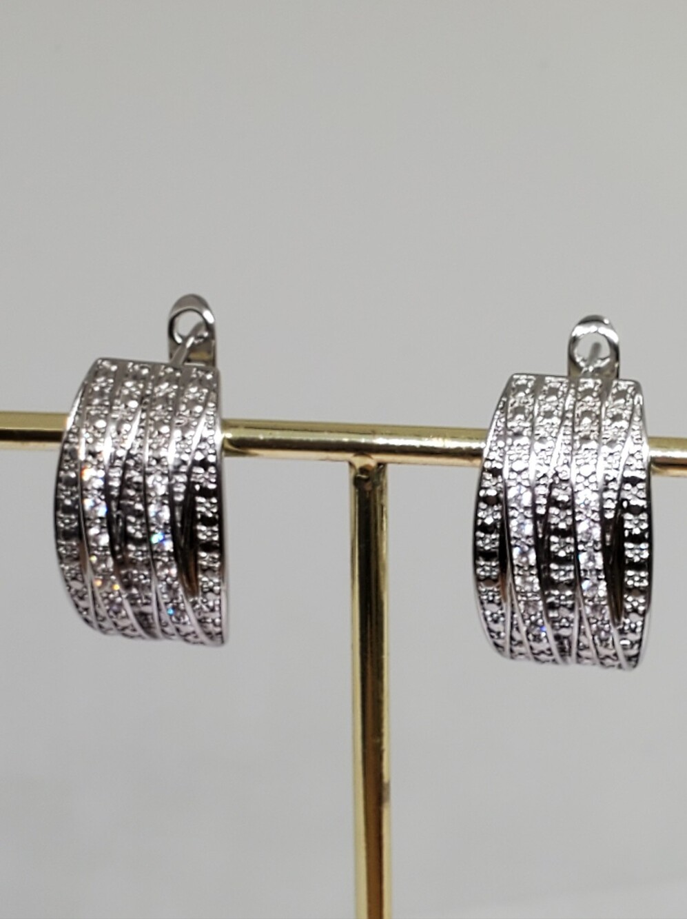 NEW! 14K White Gold Silver Plated Multi-Row CZ Pavé Hoop Earrings